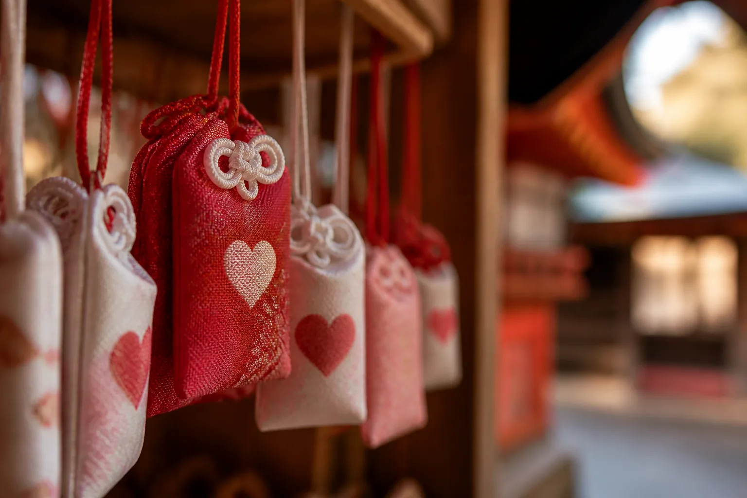 神社に並ぶ赤と白の縁結びお守り