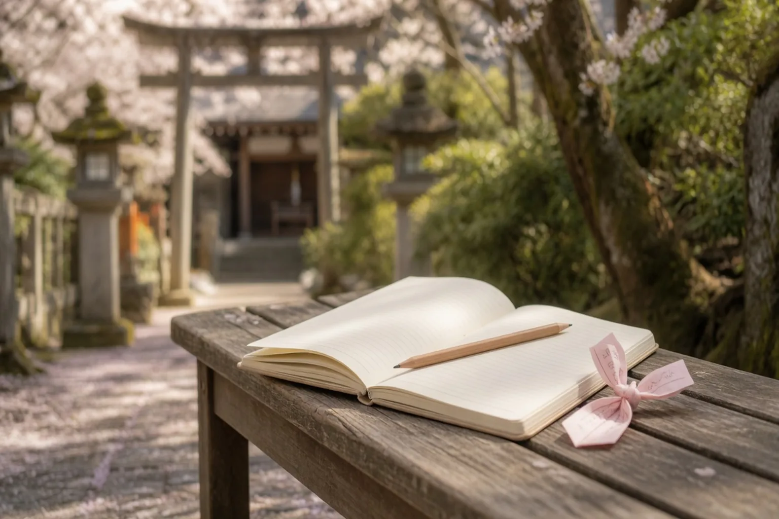 桜の境内のベンチに置いたノートと鉛筆、紙みくじ