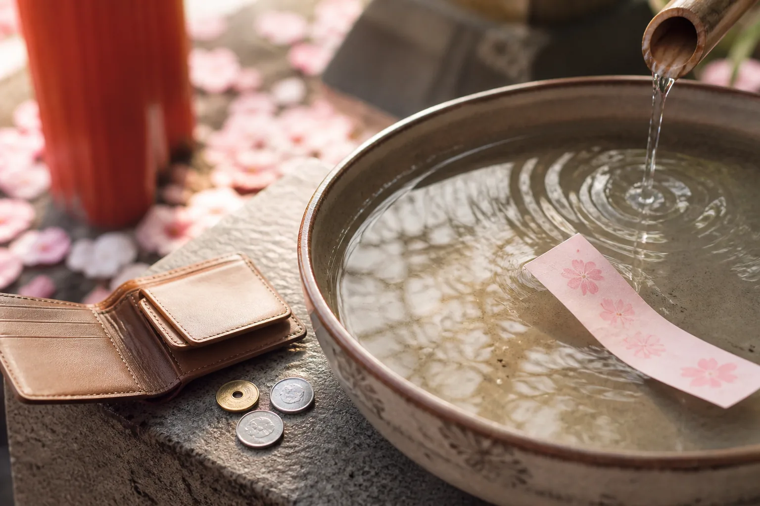 水鉢のおみくじと、そばに置いた財布と硬貨