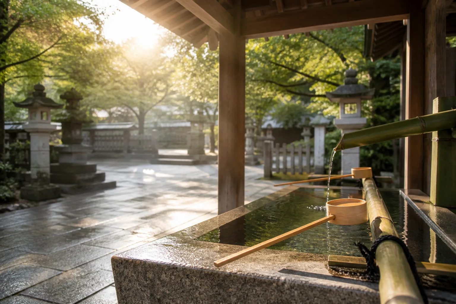 朝の光に照らされた神社の手水舎