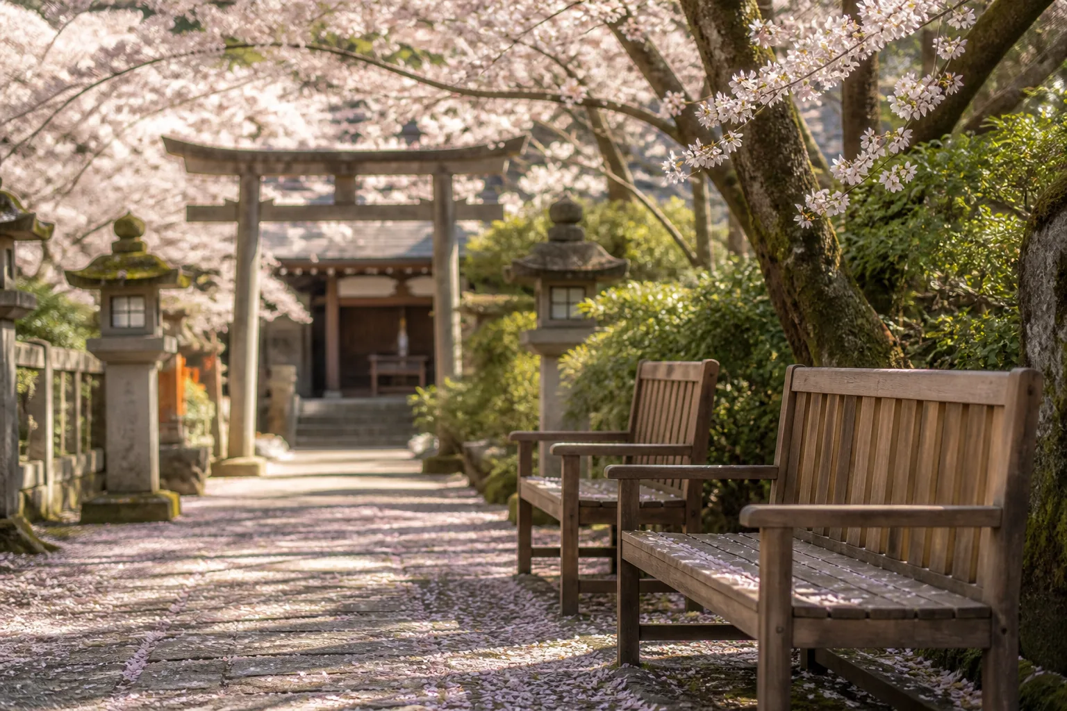 桜の花びらが散る静かな神社の参道