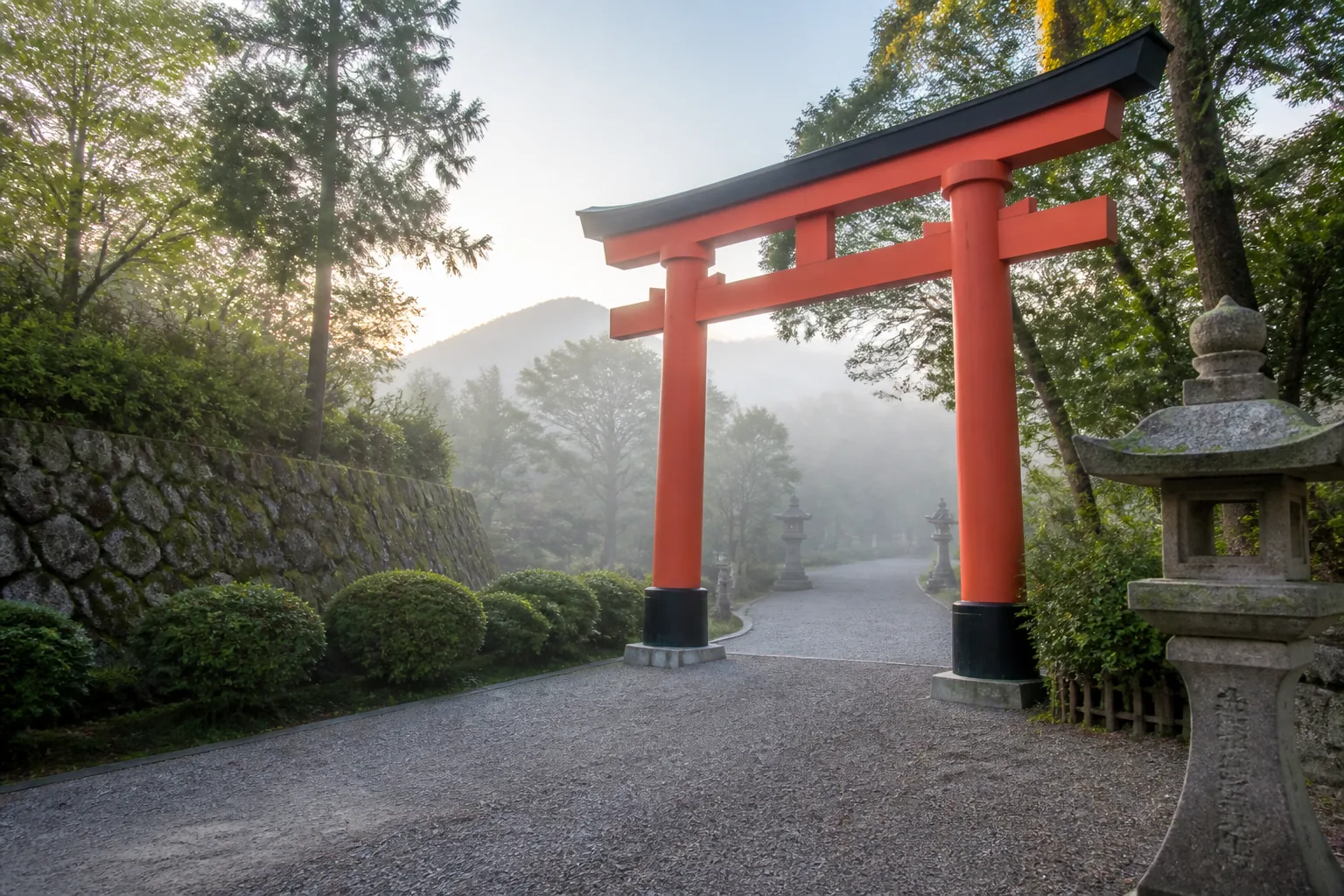 朝霧の中の朱色の鳥居と参道