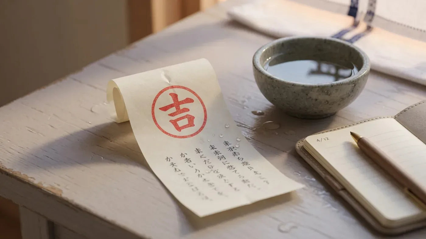 朱印の吉が押されたおみくじと水鉢・手帳